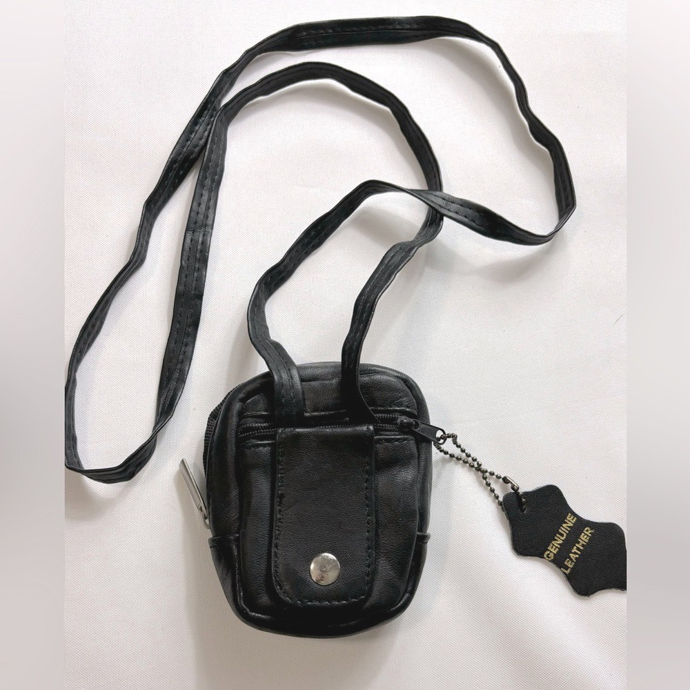 Black Tiny Leather Crossbody Bag Zip Closure Pockets as Shown 3" W x 4" H x 1" D